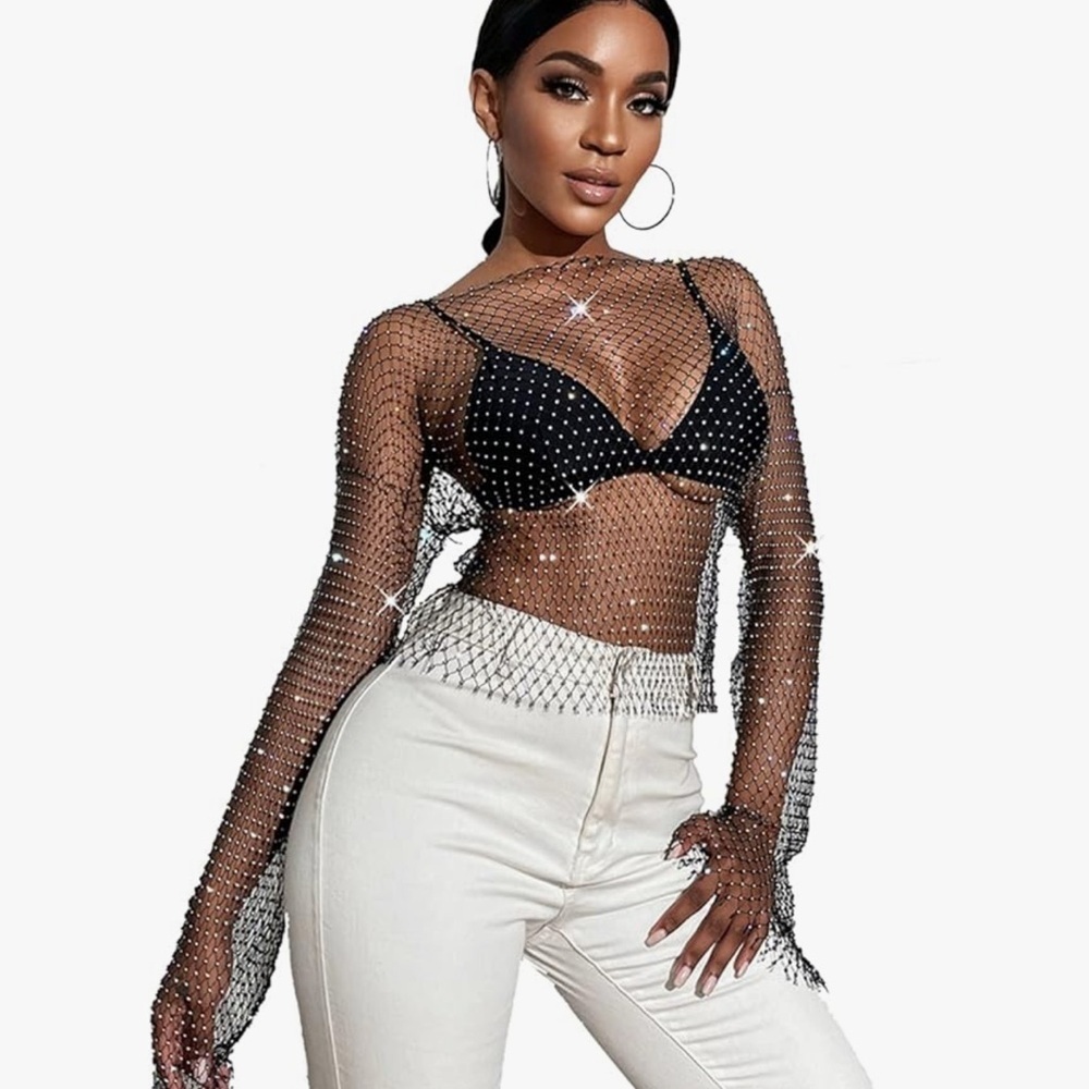 Mesh long sleeve rhinestone top